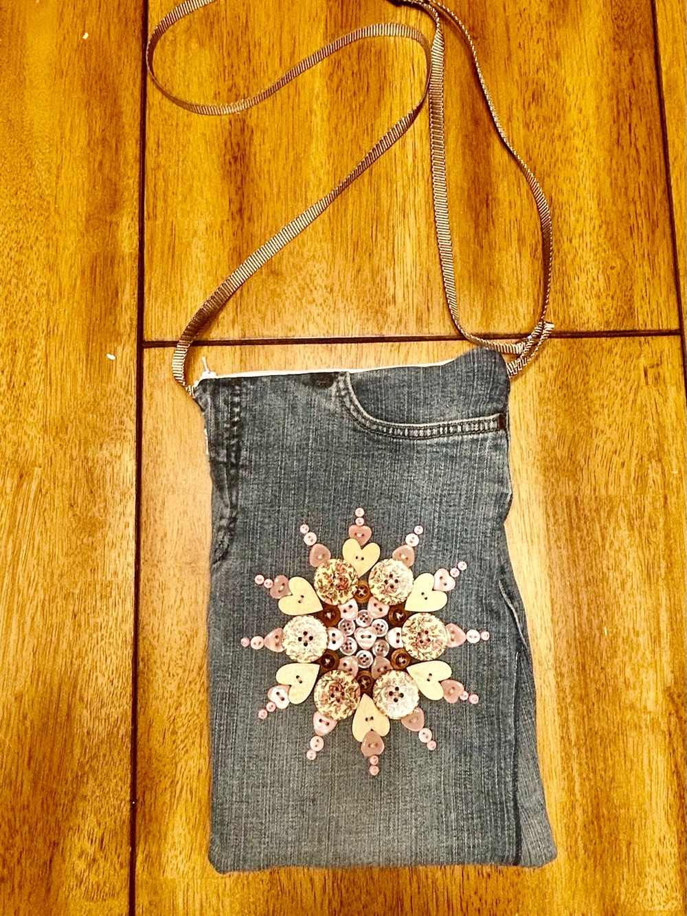 Denim Crossbody Bag with Pink Button Floral Motif